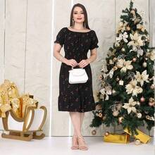 Short Dress Made From Duna Fabric With Short Sleeves. - Black With Cherry - View 2