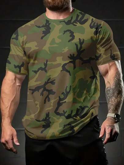 Camiseta de manga corta con estampado de camuflaje 100% poliéster, camiseta casual deportiva de cuello redondo para hombres, camiseta para correr al aire fitness, verano