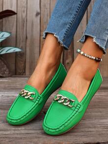 Women's Spring New Chain Loafers, Soft Leather Penny Loafers Slip-On Flat Shoes - Green - View 4