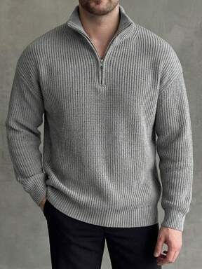 كنزة صوفية رياضية كاجوال للرجال للخريف والشتاء بتصميم ياقة نصف مفتوحة وياقة عالية، قطعة علوية دافئة ومريحة مناسبة للرياضة المنزلية