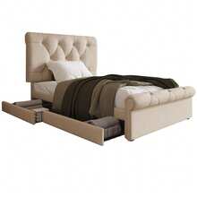 (=891112AAN) Single Upholstered Bed 90x200cm, Bed Frame With 2 Drawers And Height-Adjustable Headboard, Chesterfield Functional Bed, Natural, Without Mattress - Beige - View 2