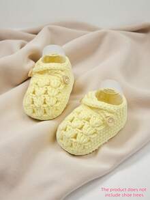 1 Pair Handmade Crochet Infant Shoes, Light Purple Color With Button Decor, Infant Size - Yellow - View 8