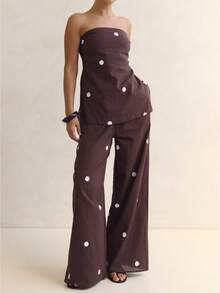 Women Streetwear Polka Dot 2 Piece Outfits Strapless Tube Top Double Slit Baggy Wide Leg Pants Set - 咖啡色 - 查看 1