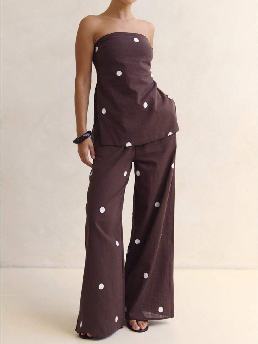 Women Streetwear Polka Dot 2 Piece Outfits Strapless Tube Top Double Slit Baggy Wide Leg Pants Set - 咖啡色 - 查看 1