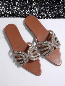 Summer New Pointed Toe Minimalist Lightweight Open Toe Slip-On Glass Rhinestone Casual Fashion Women Beach Sandals - Brown - View 7