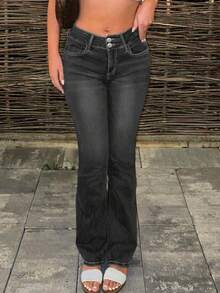 Fashionable & Elegant Minimalist Women's Double-Breasted Slim Fit Flare Leg Jeans, Slimming - Dark Grey - View 5