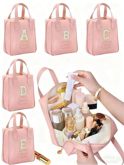 1pc Transparent PVC Makeup Tool Storage Bag, Letter Pattern, Waterproof Portable, Plush Letter Zipper Design, Minimalist Style, Customizable Letter Sticker, Ladies Travel Toiletry Bag, Bathroom Letter Combination Toiletry Bag (Letter A~Z), Gift For Mom, Beach Bag, Beach Essential, Beach Towel Storage Bag, Beach Accessories, Beach Supplies, Holiday Bag, Essential For Autumn/Winter Vacation, Valentine's Day Gift