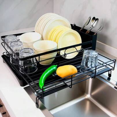 Dish Drying Rack 2-In-1 Stainless Steel Expandable Drainer Racks With Large Capacity Cutlery Holder Drain Board Drainage Spout Space-Saving For Kitchen Sink 54cm
