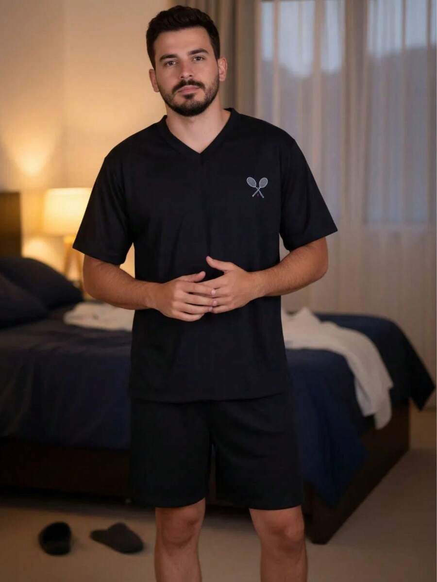 Men's Short Pajama Set - Adult Short-Sleeved V-Neck Shirt And Shorts - Hitam - View 1