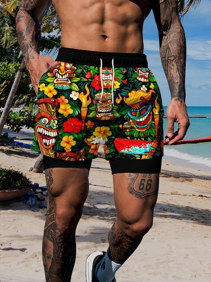 Men's Summer Vacation Tropical Print Drawstring Waist Double Layer Beach Shorts - Multicolor - View 1