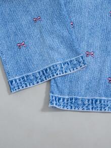 两件套女童休闲套装 - 纯色蝴蝶结装饰短袖上衣和蝴蝶印花仿牛仔图案裤子，夏季 - 粉色 - 查看 9