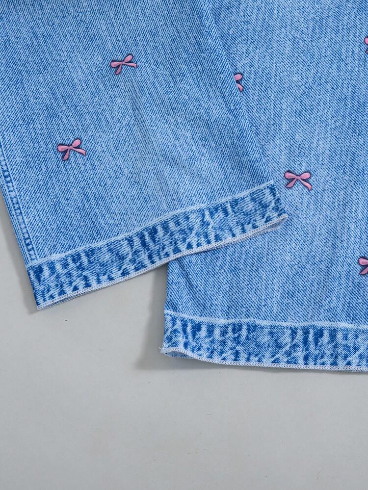 2pcs Girls Casual Outfits - Solid Color Bow Decor Short Sleeve Top And Butterfly Print Faux Denim Pattern Pants, Summer - Pink - View 9