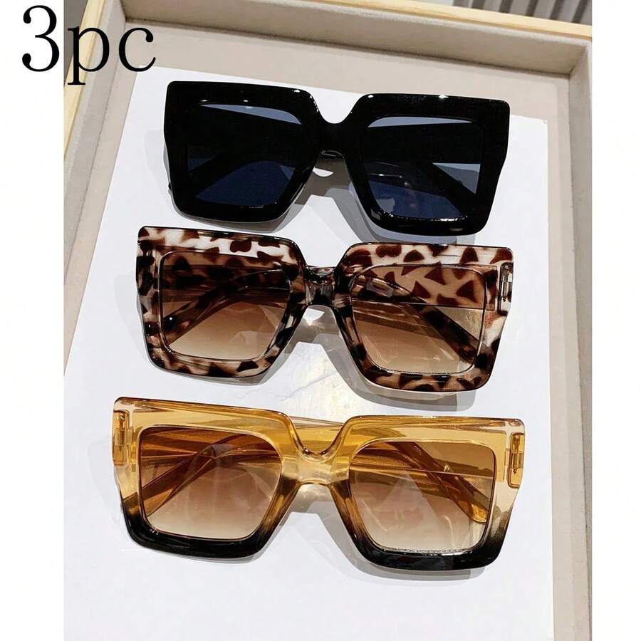 3-Pack Plastic Geometric Oversized Full-Rim Leopard Print Classic Retro Glasses Timeless For Women, Suitable For Rave Parties, Outdoor Travel And Halloween Occasions - 3pcs 黑灰白豆花香檳雙茶組合 - 查看 1
