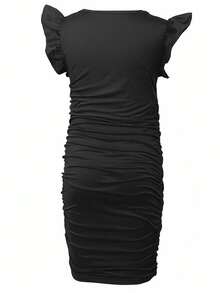 Tween Girl Square Neck Short Sleeve Ruched Dress - Black - View 2