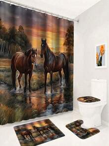Juego de 1/4 piezas de cortina de ducha con patrón creativo de caballo bebiendo agua al atardecer, que incluye alfombra antideslizante, tapete de inodoro, alfombra de baño, cortina de ducha opaca y 12 ganchos resistentes, decoración y accesorios de baño de alta calidad, adecuados para todos los estilos de decoración del hogar - Multicolor - Ver 17