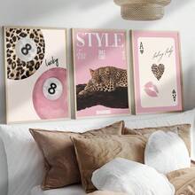 1/3 Stücke/Set Leopard Gepard Wandkunst Bilder 8 Ball Glücksbringer Drucke Leinwandbilder Rosa Girly Poster Preppy Chic Luxus Dekoration für Schlafzimmer, Wohnzimmer oder Studentenwohnheim Geschenk für sie, ohne Rahmen - Verschiedenfarbig - Übersicht 3