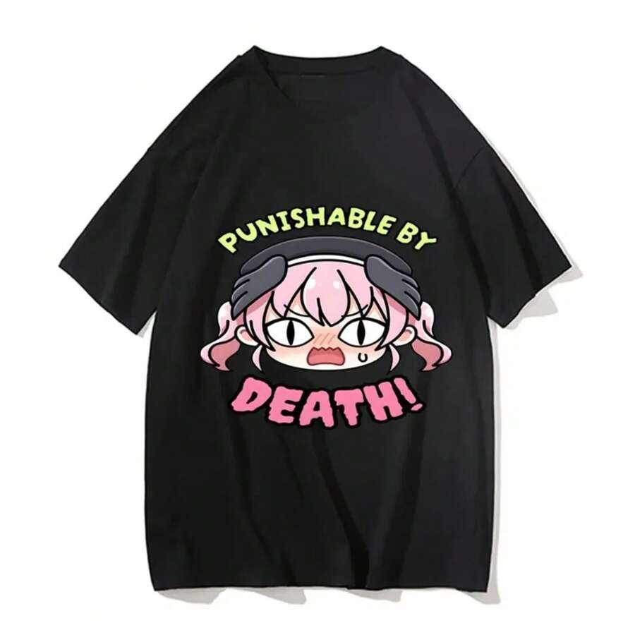 Camiseta de impresión Blue Archive Punishable By Death, camiseta de rap para hombres y mujeres, camiseta de dibujos animados de gran tamaño, de manga corta, casual, de algodón puro - Negro - Ver 1