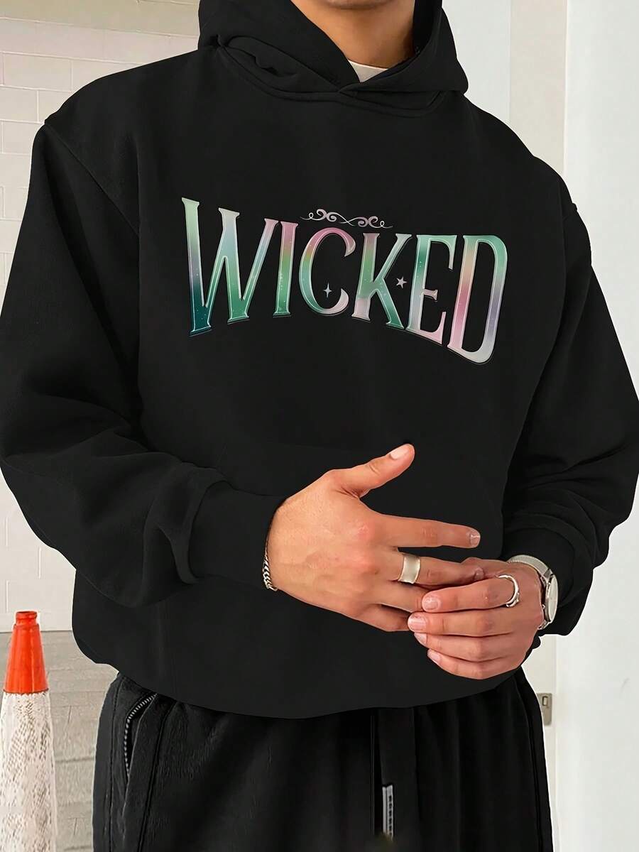 Wicked Gradient Green Blue Purple Printed Black Hoodie With Star Decor & Line, Black Pants With Zipper Pocket - Indoor White Wall Setting, Ring & Bracelet Adorned OutfitClassic Men's Hooded Sweatshirt Daily Wear - màu đen - Xem 1