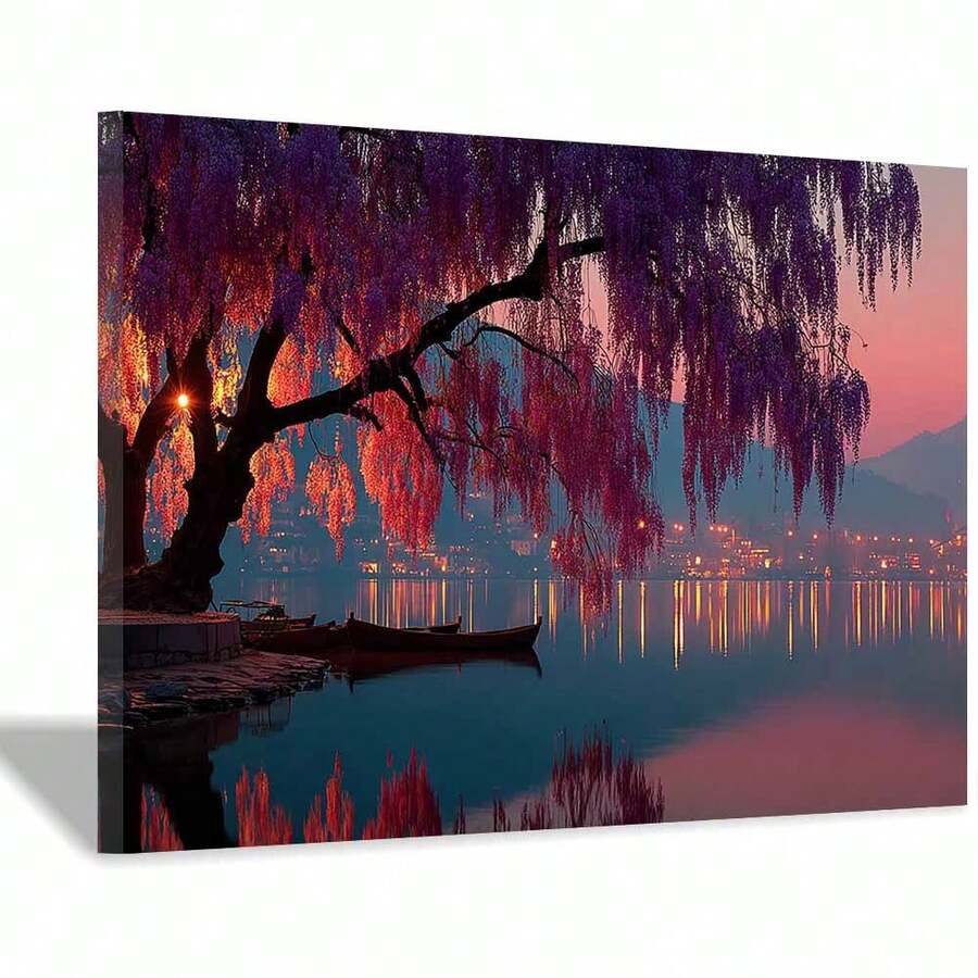 [2D Flat Canvas Wall Art]  Large Canvas Art  1Pc Framed Ready To Hang 2D Flat Purple Tree & Boats Lake Canvas Wall Art, Prints, Posters, Mural, Wall Decor, Room Decor Aesthetic, Wrapped Framed Canvas Print, Home Decor, Living Room Office Decor, Canvas Artwork For, Canvas Decorative Painting - Cozy Lake Sunset Scene, Warm Modern Style, Brings Comfort To Interiors, Suitable For Living Room, Bedroom, Kitchen, Perfect For Adults Who Enjoy Relaxing, Colorful Decor  Canvas Wrapped Inner Frame - Màu tím - Xem 1