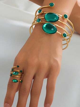 1 Set Minimalist Fashion Multi-Layer Line Rhinestone Bracelet & Ring Jewelry Set, Gift For Women On Valentine's Day