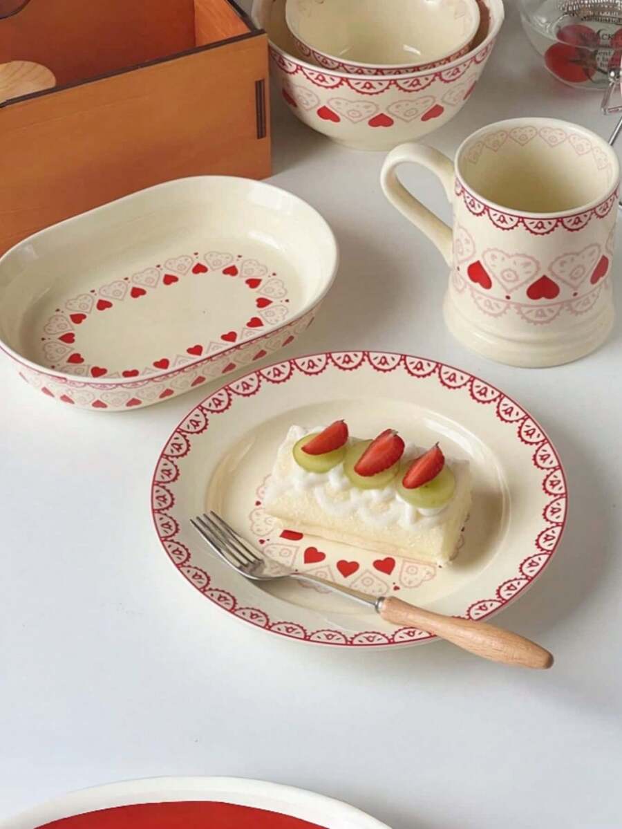 1 Bộ đồ ăn bằng gốm sứ hình trái tim kiểu Pháp, Đĩa hình trái tim phong cách cung điện cao cấp, Bộ đồ ăn gia dụng bao gồm cốc, bát, đĩa, Thích hợp cho gia đình, nhà hàng, quán cà phê, cửa hàng tráng miệng, quà tặng, tiệc tùng - Nhiều màu - Xem 1