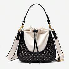 Fashionable Autumn/Winter Hollow Out One Shoulder Crossbody Bag, Vintage Versatile Travel Contrast Color Large Capacity Canvas Tote - Black - View 9