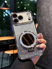 Luxury Electroplated Phone Case With Ring Magnetic Stand Holder, Built-In Makeup Mirror, Rhinestone Glitter Sparkle Y2k Style,Drop-Resistant, Anti-Drop, Summer New Fashion Silicone Shockproof Protective Soft Cover Compatible With IPhone 16 16e 15 14 13 12 11 X XS XR 8 7 Plus Pro Max Mini, Samgsung Galaxy S24 S25 Ultra, Compatible With Xiaomi Redmi, Compatible With Huawei Honor OPPO Reno MOTO Infinix Women 2025