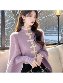 中国風チャイナドレスショールセーター女性用 - ゴールドボタン付きの柔らかいスタンドカラージャケット、結婚式、文化イベント、オフィス用のゆったりとした長袖コート（洗濯機洗い可） - 春秋用パープルトップス - 薄紫 - チェックする 4