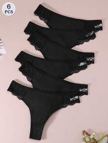 6pcs/Set Women's Solid Color Contrast Lace Sexy Thongs, Black - Black - View 4