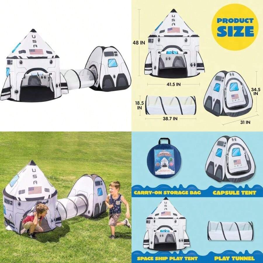 JOYIN Tienda de Cohete Blanca con Túnel y Casita de Juegos para Niños Juego de Tienda de Nave Espacial para Interior y Exterior(default) - Multicolor - Ver 1