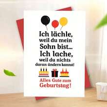 一张趣味十足的“德国成年儿子生日”贺卡，附带信封，贺卡上印有“Alles Gute Zum Geburtstag”（祝您生日快乐）字样，采用醒目的字体和节日图案，非常适合送给母亲，也是生日活动的理想之选，可用于母子生日、家庭贺卡等场合。 - 彩色 - 查看 7