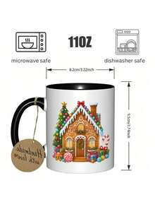 1pc Gingerbread House Ceramic Coffee Mug With Candy Cane & Icing Details - Non-Slip Reusable Tea/Cocoa Cup, Winter, Birthdays - Dishwasher Gingerbread Man House Design Adults & - Navy - View 4