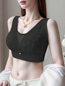 女士无钢圈聚拢文胸，防止下垂并聚拢至中心，内衣 - 黑色 - 查看 1