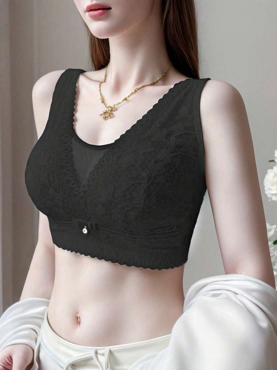 女士无钢圈聚拢文胸，防止下垂并聚拢至中心，内衣 - 黑色 - 查看 1