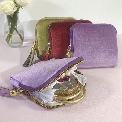 1pc Luxury Velvet Jewelry Storage Bag, With Zipper Closure And Tassel Decor - Soft Lining, Portable Travel Box, For Storing Bracelets, Watches, Earrings - Elegant Gift For Women/Mother's Day