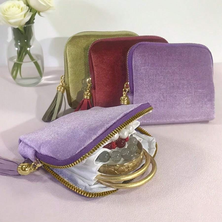 1pc Luxury Velvet Jewelry Storage Bag, With Zipper Closure And Tassel Decor - Soft Lining, Portable Travel Box, For Storing Bracelets, Watches, Earrings - Elegant Gift For Women/Mother's Day ,Room Decor
