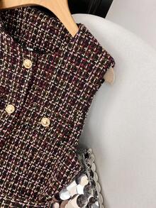 GMFP 女士亮片装饰外套，休闲优雅通勤装，金属单排扣圆领系带串珠亮片纹理斜纹软呢背心，新年/情人节夏季款 - 紅棕色 - 查看 8