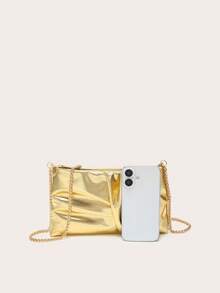 Women's Crossbody Bag, Square Shape, With A Pleated Silk Satin Texture, Lightweight And Stylish, With A Metal Chain, Suitable For Evening Outings And Shopping. - Gold - View 2