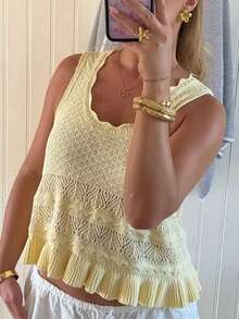 Plus Size Casual Solid Color Knit Vest Summer - Yellow - View 6