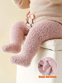 1pc Baby Thick Thermal Lined Solid Color Tights, Suitable For Winter, Warm And Comfortable - Pink - View 9