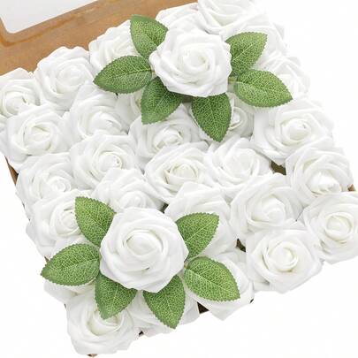 30/300 piezas (25 rosas, 5 hojas) Rosas de espuma artificial color marfil con tallos, adecuadas para ramos de boda DIY, centros de mesa para despedida de soltera, decoraciones de mesa de fiesta, regalos del Día de la Madre y San Valentín, centros de mesa para despedida de soltera y arreglos florales con follaje - Perfectas para bodas y compromisos (sin caja incluida), decoración de ramas, regalos del Día de San Valentín