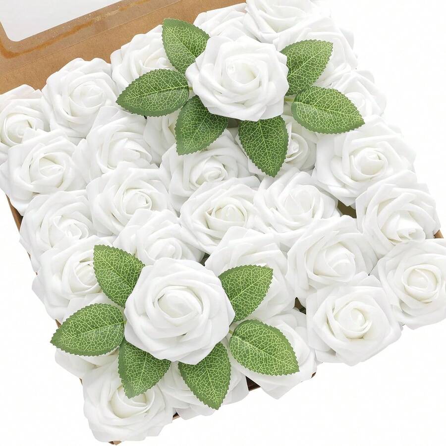 30/300 Stück (25 Rosen, 5 Blätter) Elfenbein Schaumstoff Künstliche Rosen mit Stielen, geeignet für DIY Hochzeitssträuße, Bridal-Shower Tischdekoration, Party Tischdekoration, Valentinstag & Muttertags Geschenke, Bridal-Shower Tischdekoration und Grünpflanze Blumenarrangements - perfekt für Hochzeiten und Verlobungen (ohne Verpackung), Rama Dekoration, Valentinstag Geschenke - Weiss - Übersicht 1