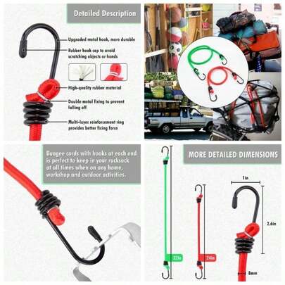 32 Piece Bungee Cords Assortment Jar Includes 10 Inch 18 Inch 24 Inch 32 Inch 40 Inch Bungee Cord With Hooks, 8 Inch Canopy Tarp Ball Ties And Tarp Clips