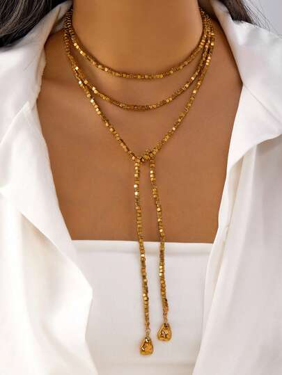 1pc Asymmetrical CCB Faux Pearl Beaded Necklace, Fashionable Y-Shape Disc Tassel Choker Necklace, Necklace For Women