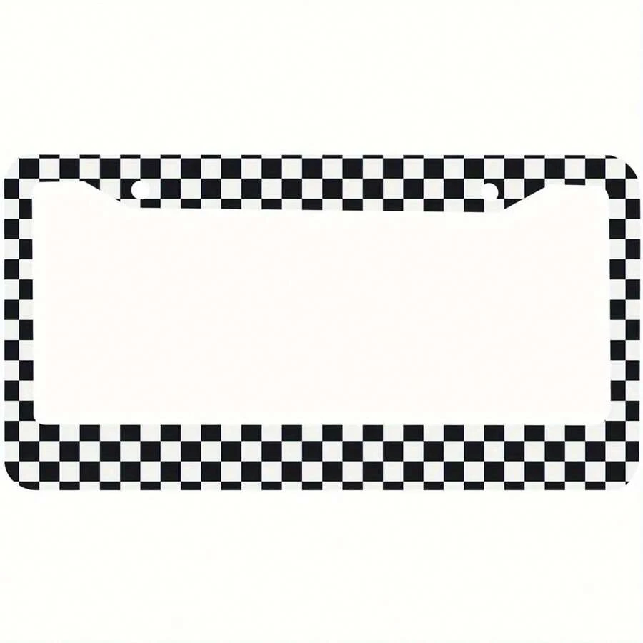 Car Frame K2 Hole Black And White Checkered Aluminum License Plate Frame - Durable Metal Car Tag Holder With Secure Mounting Holes, Fashionable Unisex, Premium Construction, Checkered Pattern, Sturdy And Durable, Exclusive For Car Owners - 31 cm X 16 cm (12.2 Inches X 6.3 Inches) - View 1