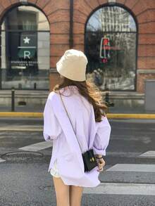 新款宽松蓝色女式衬衫，独特设计休闲外套式上衣，春秋季打底长袖上衣 - 淡紫色 - 查看 5