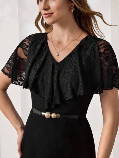 Amorya Women's Contrast Lace Ruffle V-Neck Elegant Fashion Dress