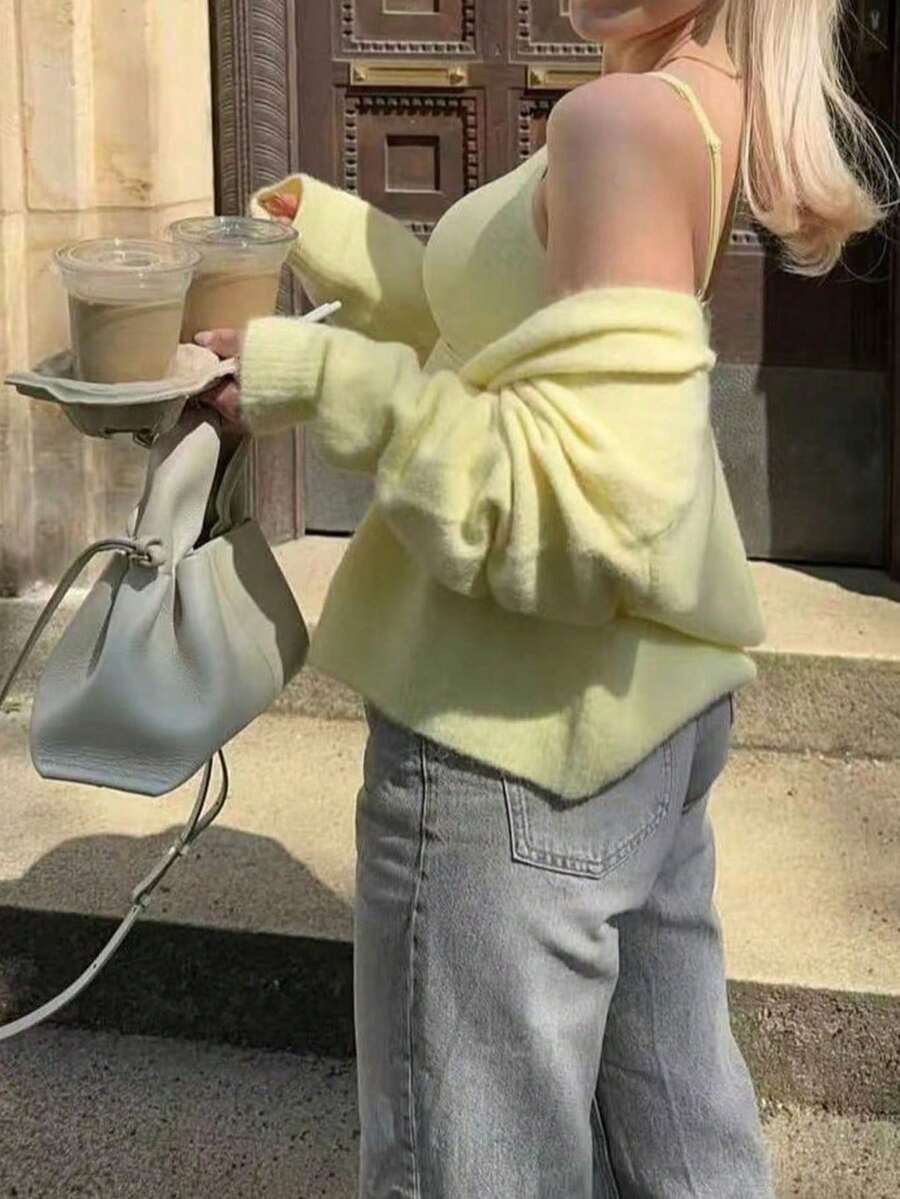 FOR BEAUTY Women's Cream Yellow Button Knit Cardigan, Soft & Sweet, Loose & Casual, Elegant & Versatile Slouchy Sweater Jacket, Spring/Summer - Bright Yellow - View 1