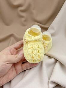 1 Pair Handmade Crochet Infant Shoes, Light Purple Color With Button Decor, Infant Size - Yellow - View 2