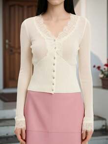 Women's Solid Color Lace Trim Sheer V-Neck Buttoned Knit Top Slim Fit Long Sleeve Shirt,Spring/Fall Clothes For Women,Perfect For Daily Office Wear,Going Out Outfits - 白色 - 查看 3